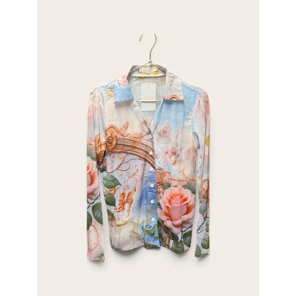 Endless Moon Cherub Floral Mesh Shirt and Pant Set Blue Pink Renaissance Medium